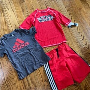 Adidas red swim trunks and matching tshirt plus bonus Star Wars Rashguard 10/12